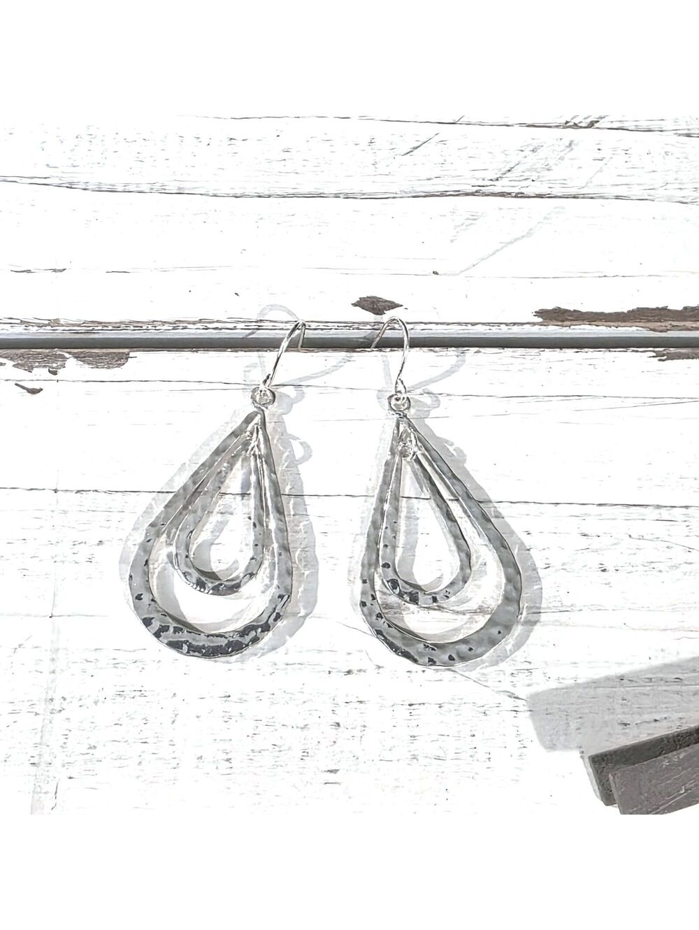 Hammered Texture Silver Plated Double Teardrop Dangle Earrings